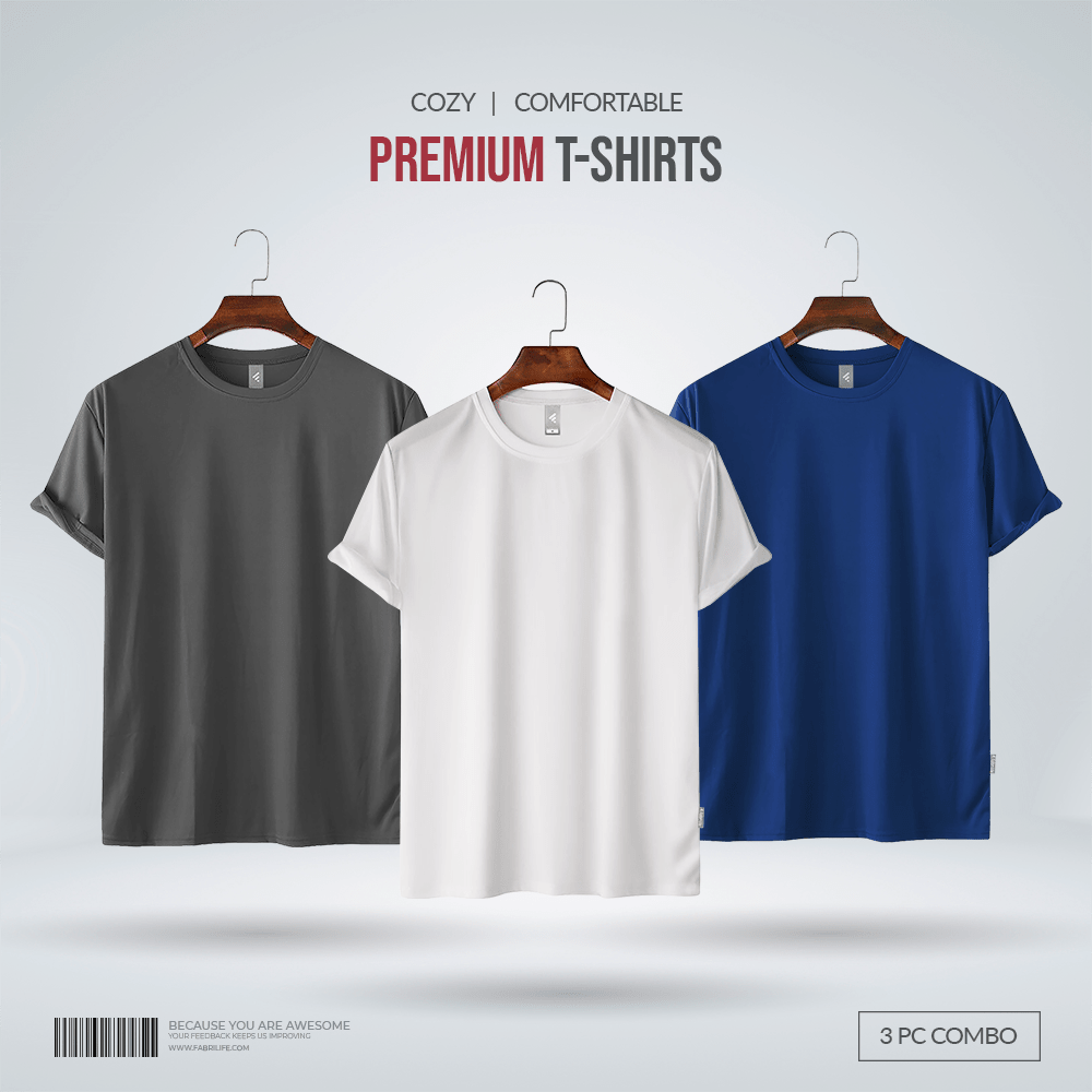 Fabrilife Men's Premium 100% Cotton Blank T-Shirt -Combo-Charcoal, White, Royal Blue